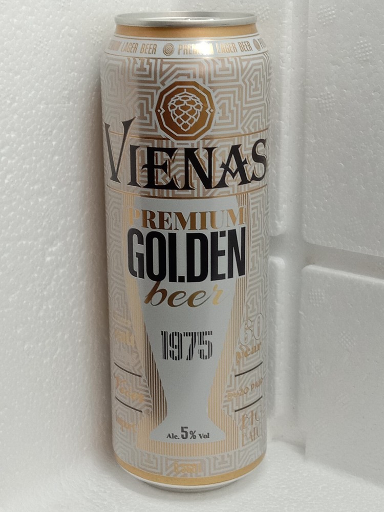 Empty Beer Cans VIENAS Premium GOLDEN 568 ml. 1 Pinta Lithuania 2022 Top Open!
