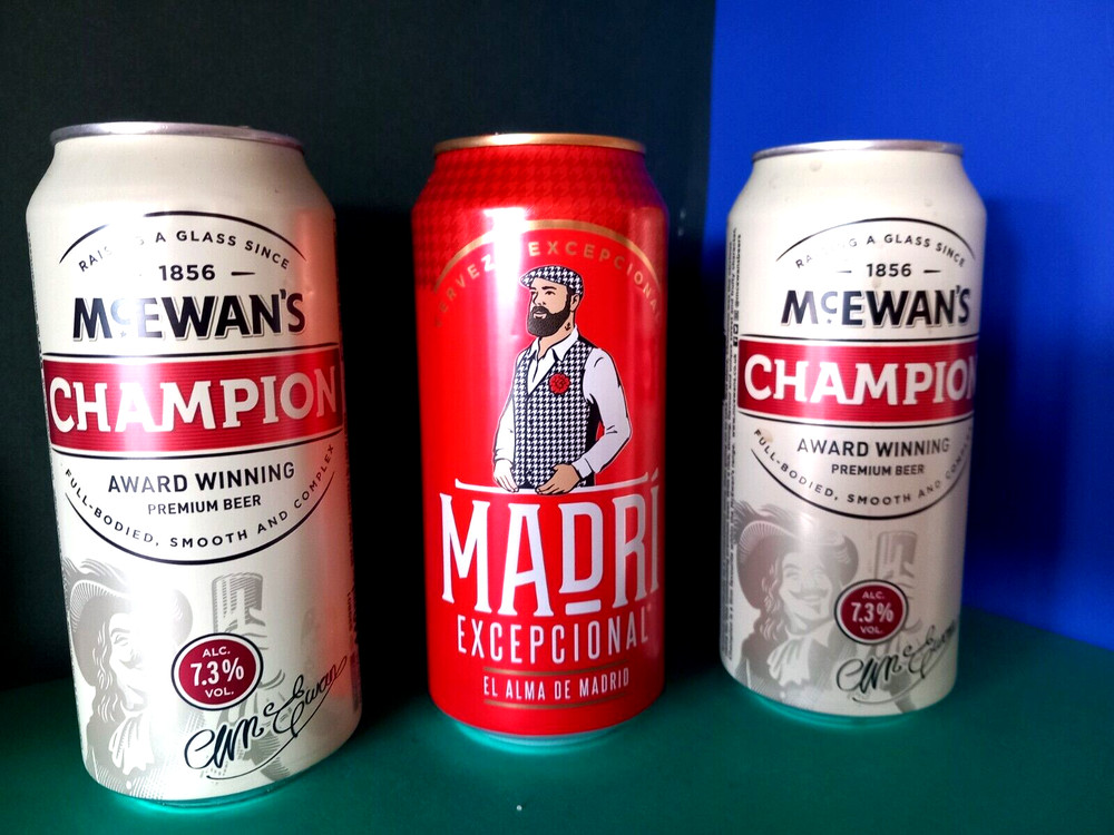 SET x 3 EMPTY 440ml BEER CANS SCOTLAND Mc EWANS CHAMPION, MADRI SPAIN MADRID