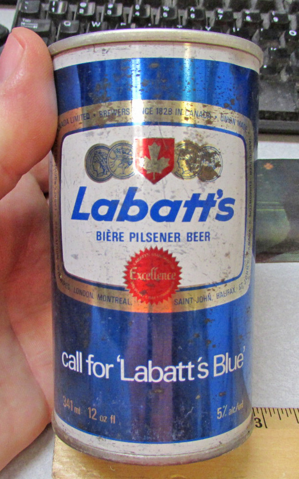 vintage tin Push top style Beer can, Labatts Pilsner beer, Labatts Blue, Canada