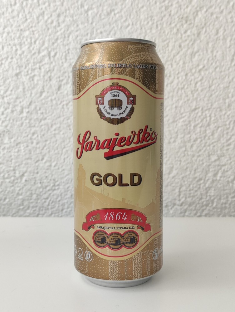 Empty 2024 Sarajevsko Gold Beer can; 500 ml/16.9 fl oz; BOTTOM opened (Bosnia)