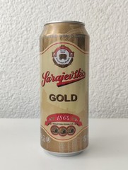 Empty 2024 Sarajevsko Gold Beer can; 500 ml/16.9 fl oz; BOTTOM opened (Bosnia)