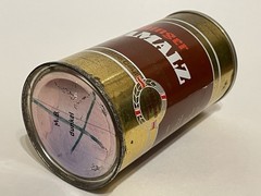 Henninger Karamalz empty beer can, straight steel, Germany, OI on lid