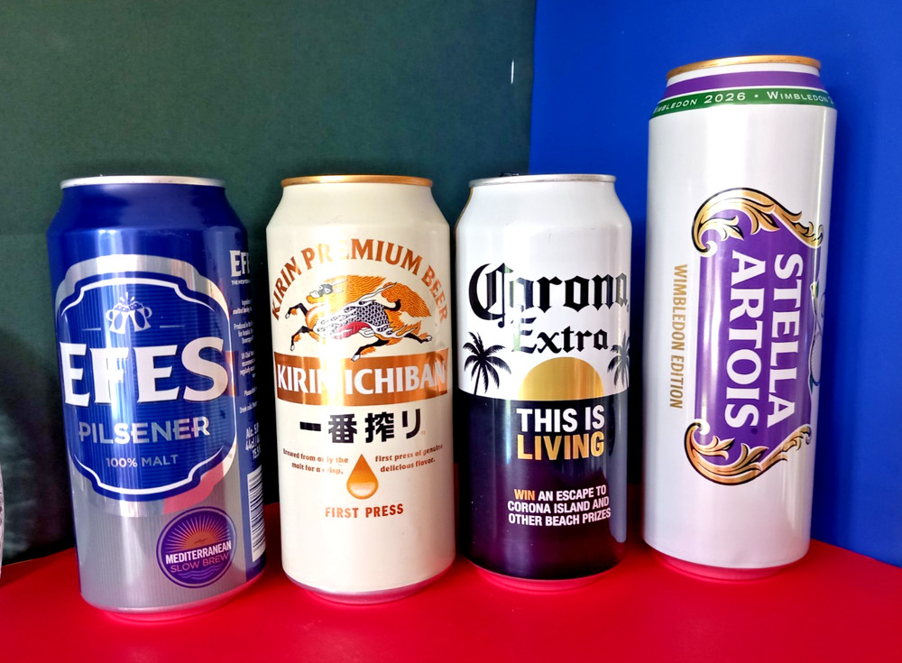 x4 EMPTY BEER CANS CORONA MILANO OLYMPIC, KIRIN ICHIBAN, WIMBLEDON, EFES PILSNER