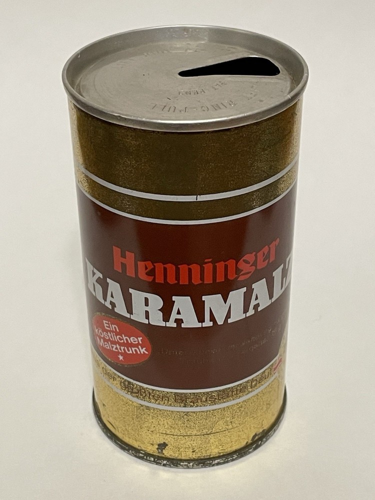 Henninger Karamalz empty beer can, straight steel, Germany, OI on lid