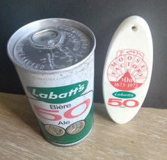 Vtg. LABATT BIERE 50 ALE 12 OZ PULL TAB EMPTY BEER CAN & KEYCHAIN BOTTLE OPENER