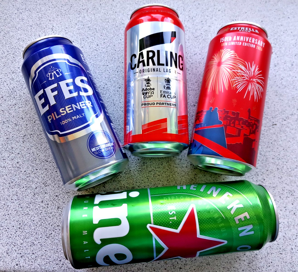 4 EMPTY BEER CAN CARLING 10 FOOTBALL CUP, ESTRELLA DAMM, EFES PILSNER, HEINEKEN