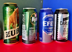 x4 EMPTY BEER CAN CARLING #5 FOOTBALL CUP, MYTHOS PREMIUM, EFES PILSNER, ZUBR