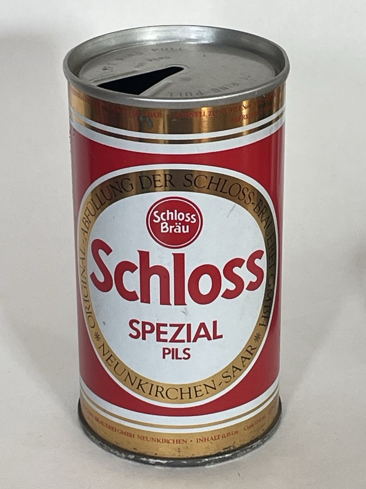 Schloss Spezial Pils empty beer can, straight steel, Germany, OI on lid