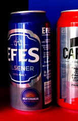 4 EMPTY BEER CAN CARLING 10 FOOTBALL CUP, ESTRELLA DAMM, EFES PILSNER, HEINEKEN
