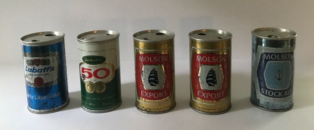 Canadian Beer Can Lot Push Top Button Top Molson Export Stock Ale Labatt’s Blue