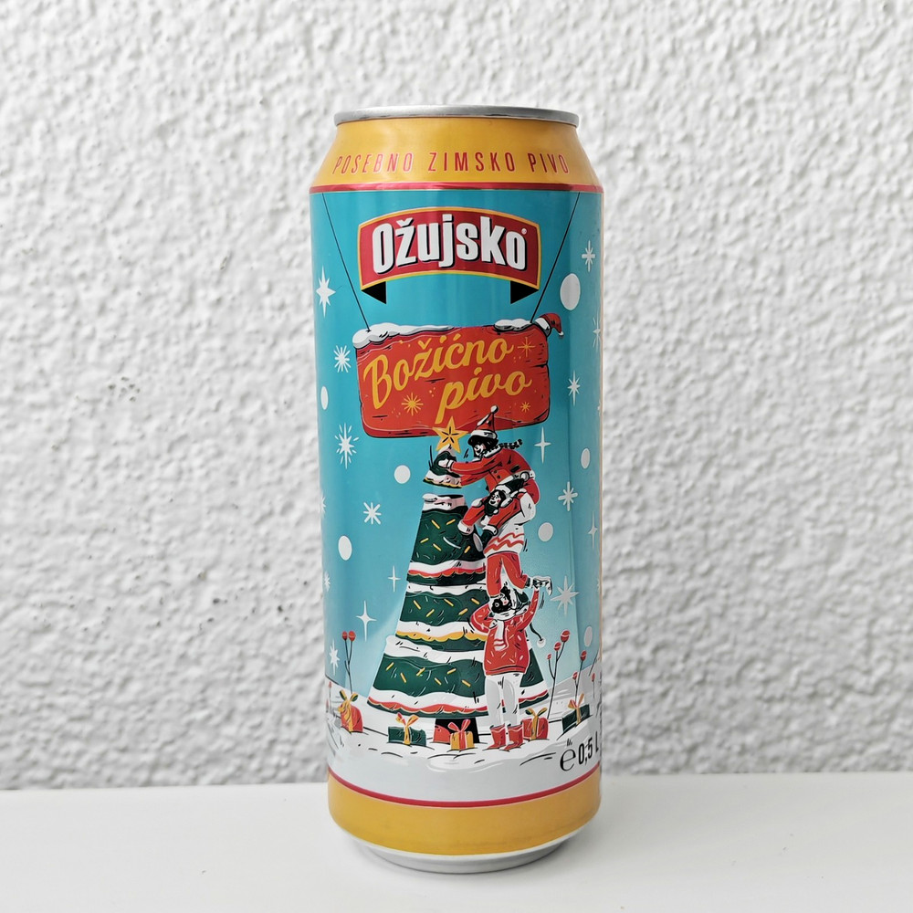 Empty 2025 Ožujsko Ozujsko Christmas Beer can – 500 ml – BOTTOM opened (Croatia)