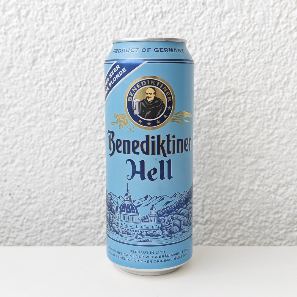 Empty 2023 Benediktiner Hell Beer can; 500 ml/16.9 fl oz; TOP opened (Germany)