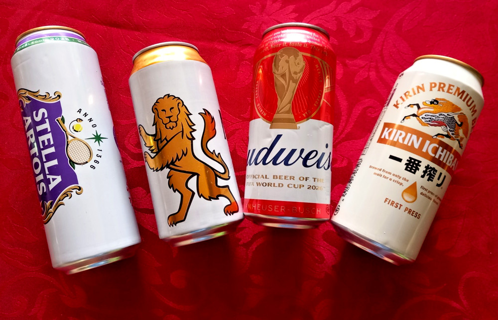 x4 EMPTY BEER CANS MODELO, KIRIN ICHIBAN, WIMBLEDON, BUDWEISER FOOTBALL CUP 2026