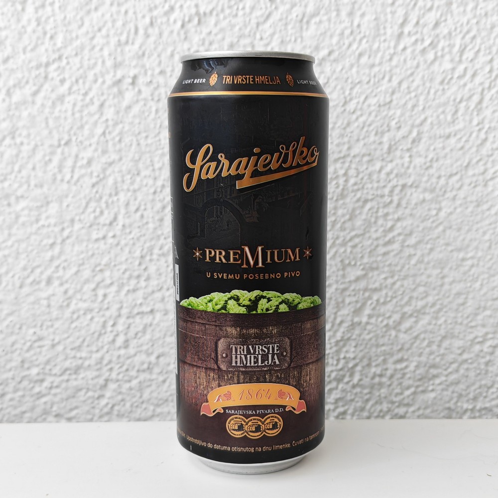 Empty 2023 Sarajevsko Premium Lager Beer can; 500 ml/16.9 fl oz; TOP (Bosnia)
