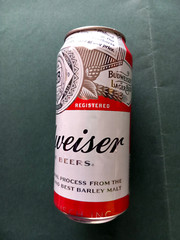 x3 EMPTY BEER CANS 440ml BUDWEISER BELGIUM UK, KAKAWA ENGLAND & SAN MIGUEL SPAIN