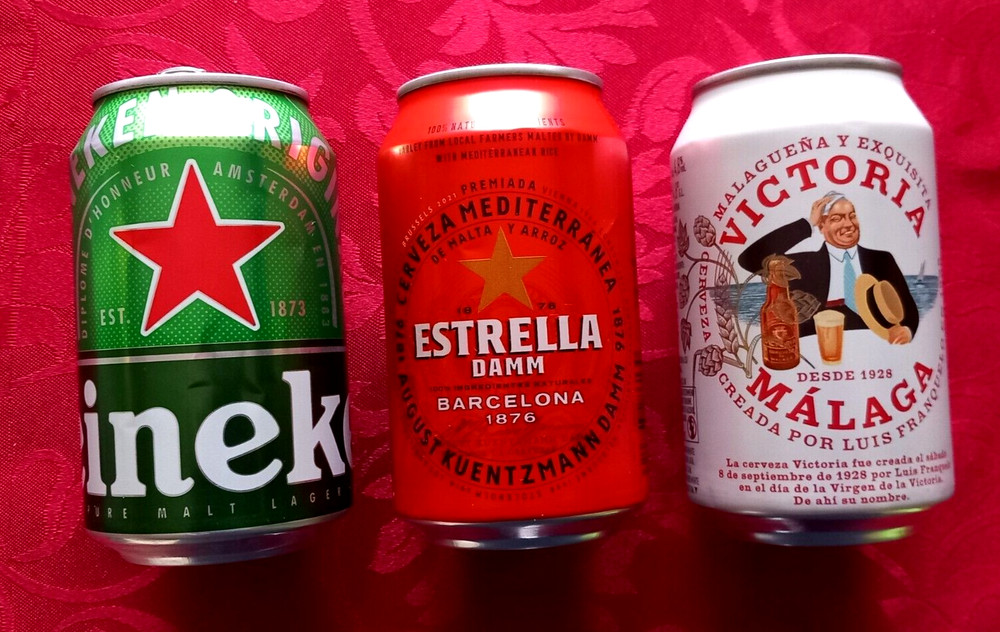 SET x 3 EMPTY 330ml BEER CANS HEINEKEN, ESTRELLA BARCELONA, VICTORIA MALAGA