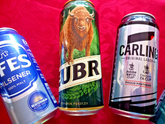 x4 EMPTY BEER CAN CARLING #5 FOOTBALL CUP, MYTHOS PREMIUM, EFES PILSNER, ZUBR
