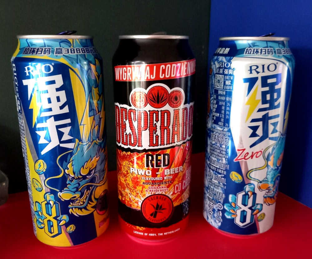 SET x 3 EMPTY BEER/DRINK CANS 500ml DESPERADOS BEER POLAND and RIO DRINK CHINA