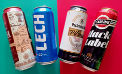 x 4 EMPTY BEER CANS PERLENBACHER, LECH FREE, KRIEK WOLF ENGELMAN, BLACK LABEL