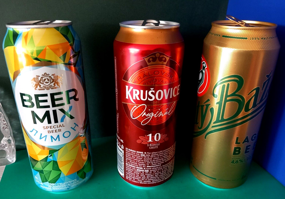 x 3 EMPTY 500ml BEER CANS CZECH KRUSOVICE, UKRAINE LEMON & SLOVAKIA ZLATY BAZANT