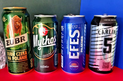 x4 EMPTY BEER CAN CARLING #5 FOOTBALL CUP, MYTHOS PREMIUM, EFES PILSNER, ZUBR