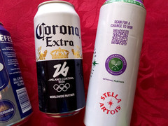 x4 EMPTY BEER CANS WIMBLEDON 26, EFES, CORONA OLYMPIC, BUDWEISER FOOTBALL CUP 26