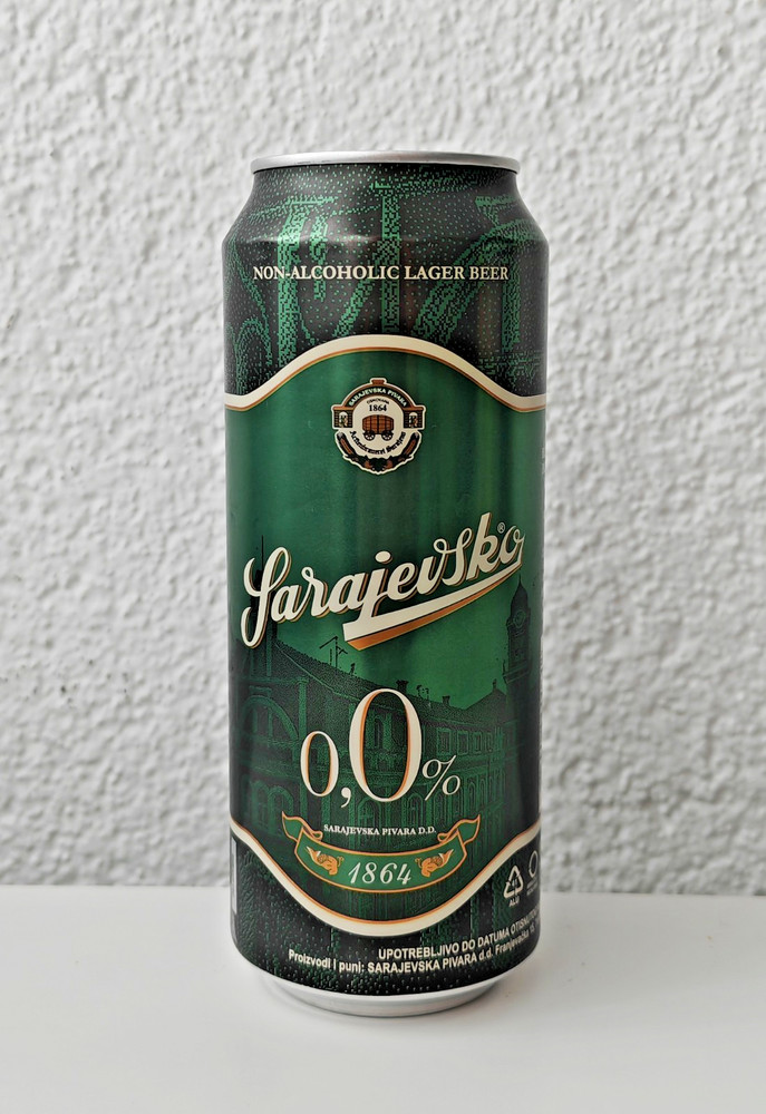 Empty 2024 Sarajevsko 0,0% Beer can; 500 ml/16.9 fl oz; BOTTOM opened (Bosnia)
