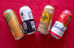 x4 EMPTY BEER CANS BUDWEISER FOOTBALL WORLD CUP, LEFFE, ZLATY BAZANT, CORONA OL.
