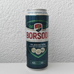 Empty 2025 Borsodi Lager Beer can; 500 ml/16.9 fl oz; BOTTOM opened (Hungary)
