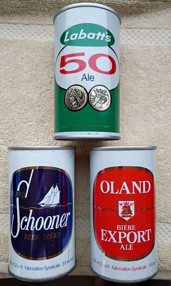 3 VINTAGE DIFFERENT CANADIAN EMPTY BEER CANS – SCHOONER – OLAND – LABATT’S 50