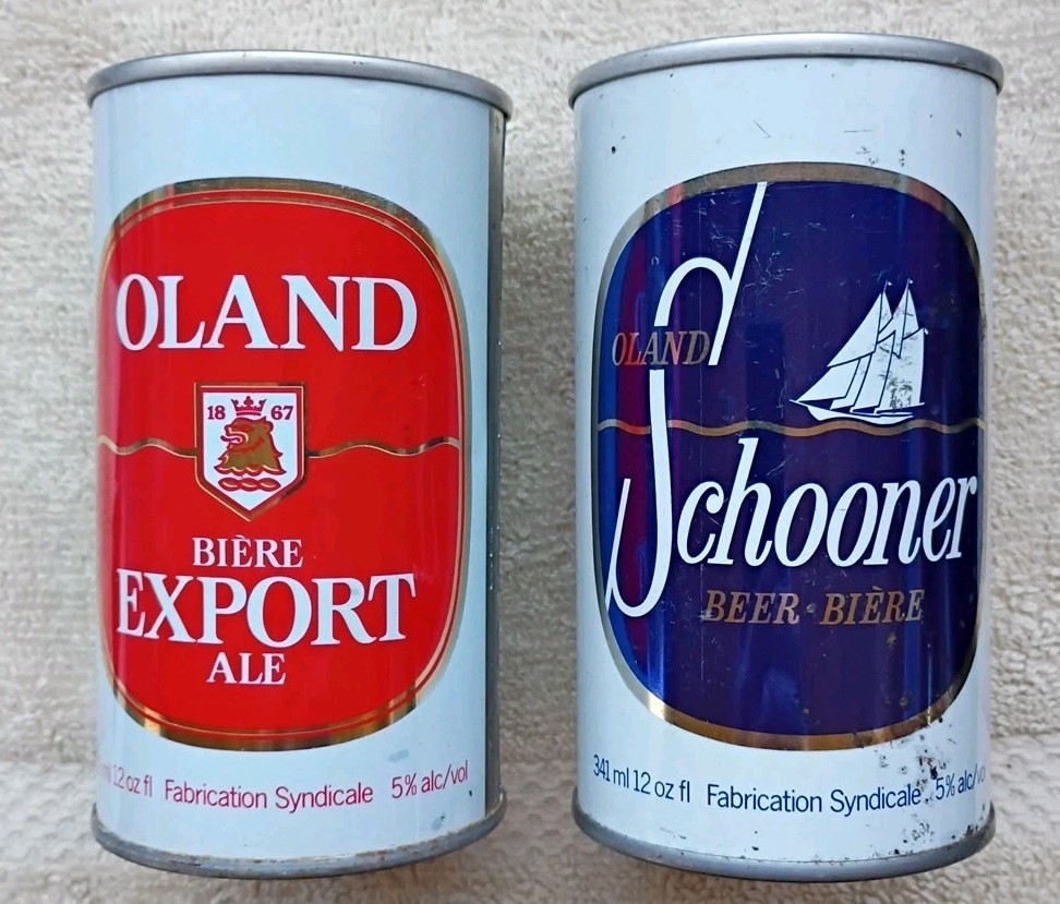 2 VINTAGE DIFFERENT OLAND BREWERIES PULL TAB CANADIAN EMPTY BEER CANS – SCHOONER