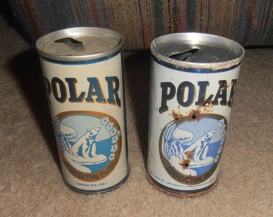 2- VINTAGE & RARE POLAR CERVEZA TIPO PILSEN VERY OLD BEER CAN LOT VENEZUELA