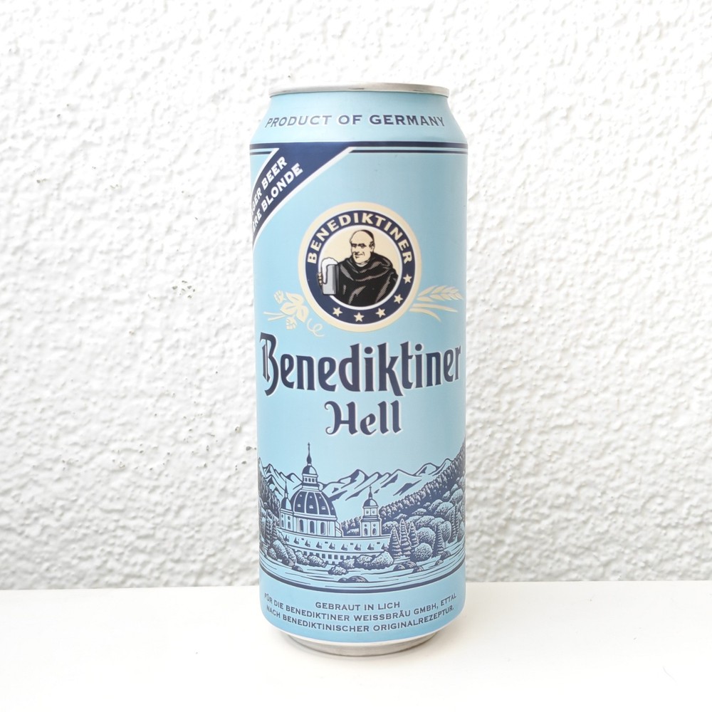 Empty 2022 Benediktiner Hell Beer can; 500 ml/16.9 fl oz; BOTTOM (Germany)
