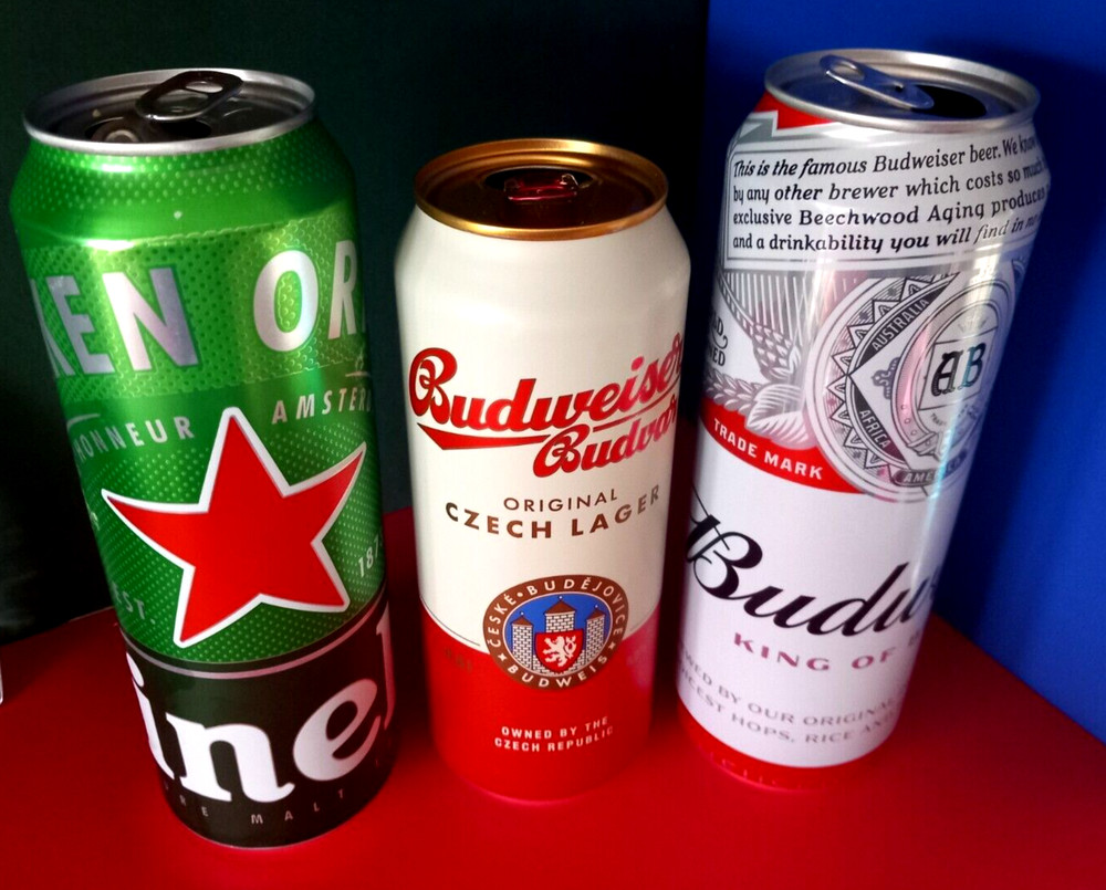 x 3 EMPTY BEER CANS 500/568ml BUDWEISER BELGIUM, BUDVAR CZECH, HEINEKEN DENMARK