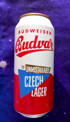 x 4 EMPTY BEER CANS BUDWEISER FOOTBALL WORLD CUP, CARLING, BUDVAR, CESU LATVIA